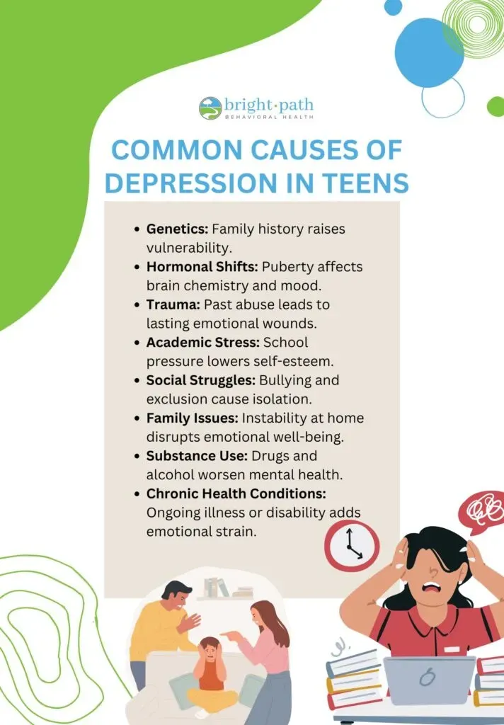 Visual guide listing common causes of depression in teenagers