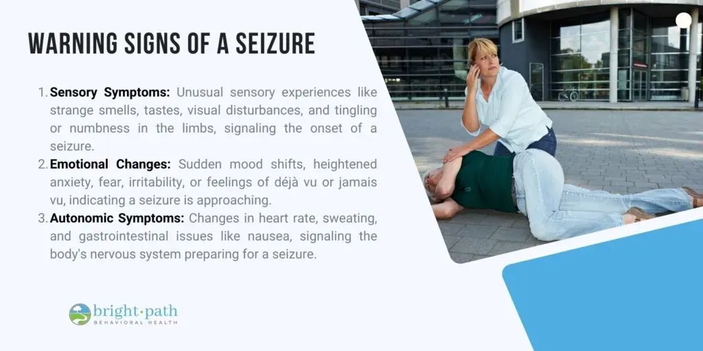 Chart showing warning signs preceding seizures such as aura and behavioral changes